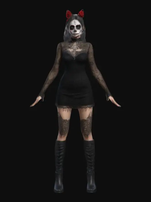3D model for full body, Beautiful La Katrina, realism, high resolution, highly detailed, beautiful sugar skull make-up, realistic adult female body proportions, neutral expression, A-pose, game asset, beautiful face with realistic features and well defined facial profile. Short black gothic sheer lace dress and high heeled leather boots