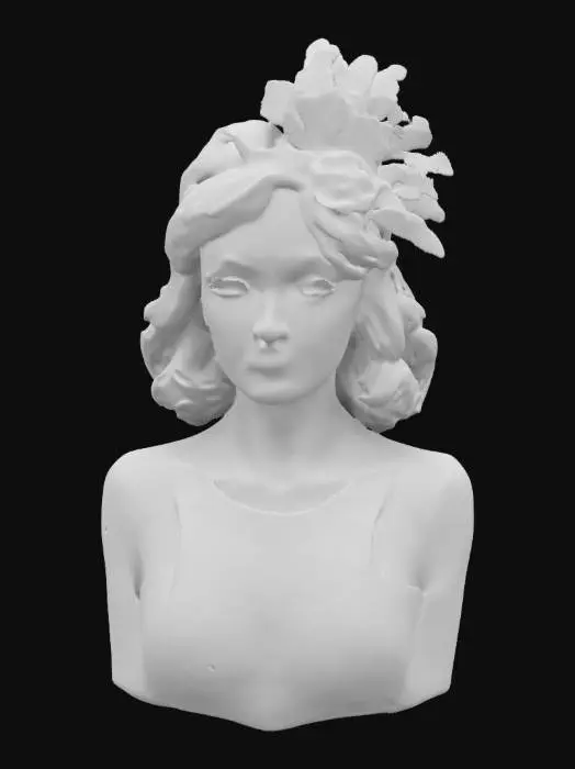 3D model for Strong woman medium length portrait. 1920's glamour. The object is a digitally painted portrait featuring a woman with a smooth texture, soft lighting, and stylized, flowing brushstrokes depicting her hair and clothing, creating a serene and elegant appearance. #women#