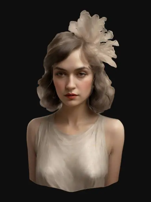 3D model for Strong woman medium length portrait. 1920's glamour. The object is a digitally painted portrait featuring a woman with a smooth texture, soft lighting, and stylized, flowing brushstrokes depicting her hair and clothing, creating a serene and elegant appearance. #women#
