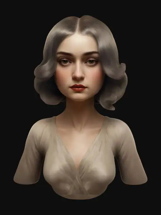 3D model for Strong woman medium length portrait. 1920's glamour. The object is a digitally painted portrait featuring a woman with a smooth texture, soft lighting, and stylized, flowing brushstrokes depicting her hair and clothing, creating a serene and elegant appearance. #women#