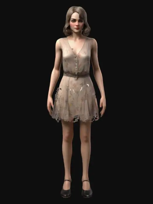 3D model for Strong woman. full length model standing in a game ready A-Pose suitable for rigging. 1920's glamour. The object is a digitally painted game ready model featuring a woman with a smooth texture, soft lighting, and stylized, flowing brushstrokes depicting her short 1920's hair and sleeveless sheer open blouse and short skirt and flat shoes, creating a serene and elegant appearance. perfectly formed face and hands. realistic anatomy. symmetry