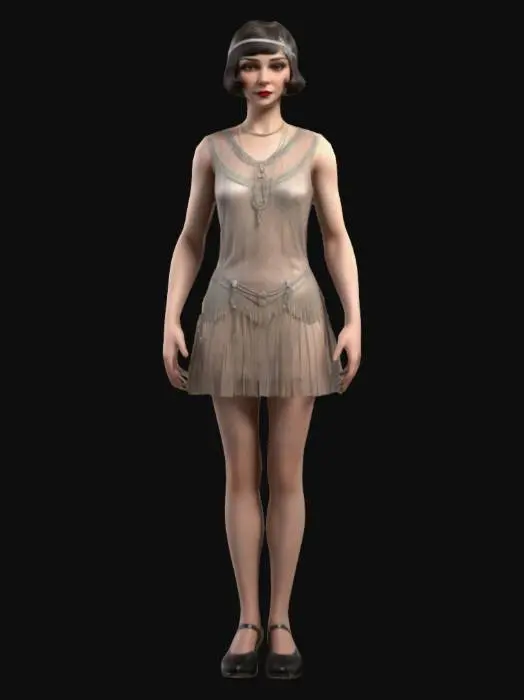 3D model for Strong woman. full length flapper standing in a game ready A-Pose suitable for game rigging. 1920's glamour. A game ready model featuring a woman with a smooth texture, soft lighting, and stylized, flowing brushstrokes depicting her short 1920's hair and sleeveless sheer open blouse and short skirt and flat shoes, creating a serene and elegant appearance. perfectly formed face and hands. realistic anatomy. symmetry. game ready A-Pose optimised for rigging and animation