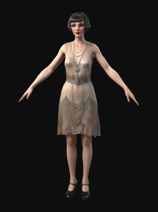 3D model for Strong woman. full length flapper standing in a game ready A-Pose suitable for game rigging. 1920's glamour. A game ready model featuring a woman with a smooth texture, soft lighting, and stylized, flowing brushstrokes depicting her short 1920's hair and sleeveless sheer open blouse and short skirt and flat shoes, creating a serene and elegant appearance. perfectly formed face and hands. realistic anatomy. symmetry. game ready A-Pose optimised for rigging and animation