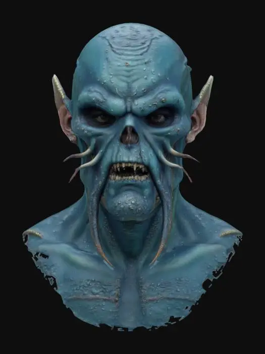 3D model for Ultra-realistic bust 3D portrait of a ocean monster humanoid pirate, decorated with barnacles. 8K PBR textures, wet and soaked, natural skin pores, and lighting optimized for cinematic close-up rendering. bluish tones. 