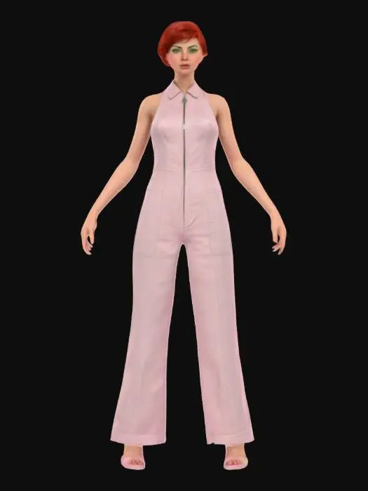 3D model for Ultra-detailed 3D model of a 25-year-old 1950's female, beautiful and charismatic, with unkempt short cropped red hair and deep green eyes. Wears a sleeveless greasy pale pink jumpsuit partially unzipped showing deep cleavage. Her expression is neutral. Clothing features high fabric detail and visible stitching, oil stains, and fabric wrinkles. Character has a voluptuous build Inspired by GTA 6 aesthetics. Game-ready, 8K PBR textures, clean UVs, realistic well formed facial features and facial textures and a realistic well defined facial profile. Cinematic t-pose, optimized for animation and rigging.