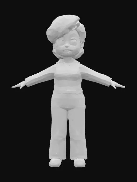 3D model for Ultra-detailed 3D model of a 25-year-old 1950's female, beautiful and charismatic, with unkempt short cropped red hair and deep green eyes. Wears a sleeveless greasy pale pink jumpsuit partially unzipped showing deep cleavage. Her expression is neutral. Clothing features high fabric detail and visible stitching, oil stains, and fabric wrinkles. Character has a voluptuous build Inspired by GTA 6 aesthetics. Game-ready, 8K PBR textures, clean UVs, realistic well formed facial features and facial textures and a realistic well defined facial profile. Cinematic t-pose, optimized for animation and rigging.