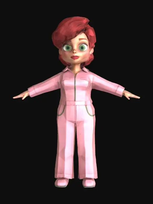 3D model for Ultra-detailed 3D model of a 25-year-old 1950's female, beautiful and charismatic, with unkempt short cropped red hair and deep green eyes. Wears a sleeveless greasy pale pink jumpsuit partially unzipped showing deep cleavage. Her expression is neutral. Clothing features high fabric detail and visible stitching, oil stains, and fabric wrinkles. Character has a voluptuous build Inspired by GTA 6 aesthetics. Game-ready, 8K PBR textures, clean UVs, realistic well formed facial features and facial textures and a realistic well defined facial profile. Cinematic t-pose, optimized for animation and rigging.