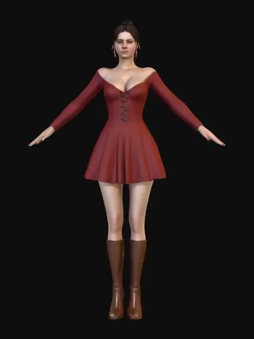 3D model for A realistic 3D model of a beautiful victorian adult female in a T-pose, featuring natural and faithful human proportions. Her face maintains a neutral, relaxed expression, complemented by slightly wavy, ultra-short, tousled hair. She is dressed in a short, glamorous dress revealing deep cleavage and boots. The model is devoid of superfluous accessories, focusing on accurate physical attributes with realistic textures and forms. game ready symmetrical T-Pose
