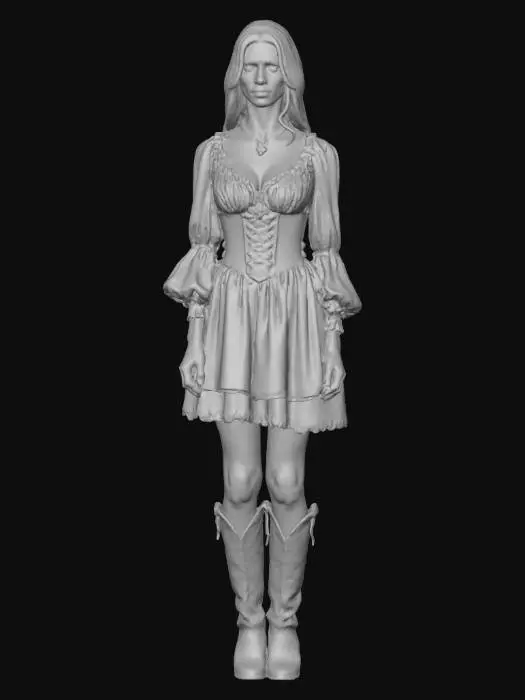 3D model for A realistic 3D model of a beautiful  Victorian adult female in a T-pose, featuring natural and faithful human proportions. Her face maintains a neutral, relaxed expression, complemented by slightly wavy, ultra-short, tousled hair. She is dressed in a short, glamorous dress revealing deep cleavage and boots. The model is devoid of superfluous accessories, focusing on accurate physical attributes with realistic textures and forms. game ready symmetrical T-Pose, straight legs, open arms, perfect hands and separated fingers, feet shoulder width apart