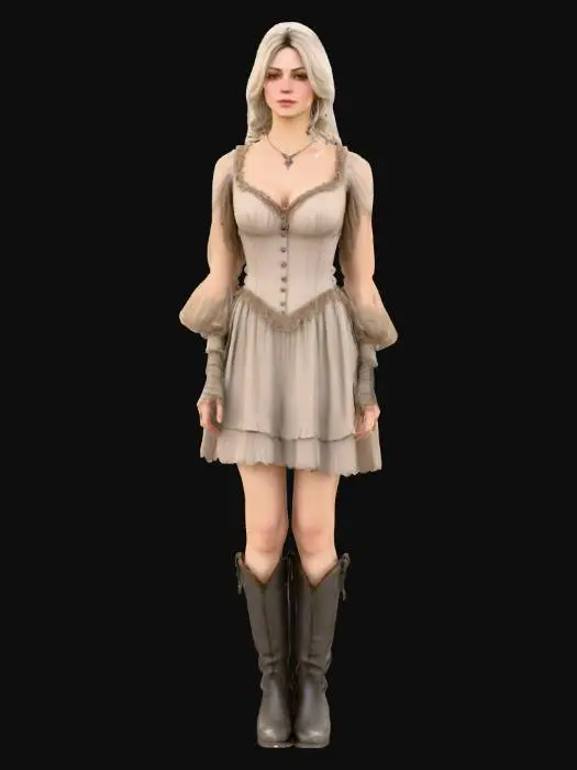 3D model for A realistic 3D model of a beautiful  Victorian adult female in a T-pose, featuring natural and faithful human proportions. Her face maintains a neutral, relaxed expression, complemented by slightly wavy, ultra-short, tousled hair. She is dressed in a short, glamorous dress revealing deep cleavage and boots. The model is devoid of superfluous accessories, focusing on accurate physical attributes with realistic textures and forms. game ready symmetrical T-Pose, straight legs, open arms, perfect hands and separated fingers, feet shoulder width apart