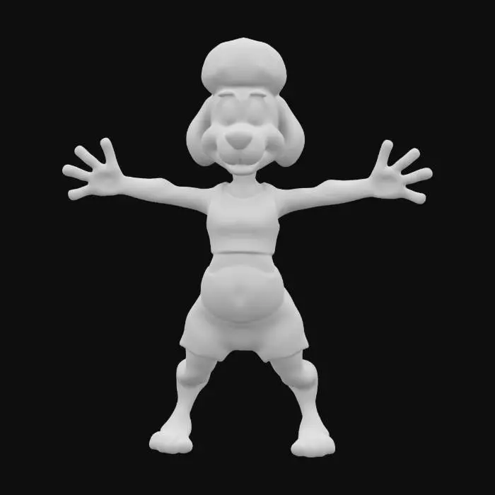 3D model for Sensual anthropomorphic female poodle, game asset, Standing in a UE5 game ready A-Pose with hands away from her body.  Her body has supple limbs and a realistic, sensual physique that has the toned muscles of a dancer. Dressed in a sleeveless, cropped t-shirt and floral shorts. She has large, expressive eyes and small floppy ears. She stands tall and confident in a game ready A-Pose. She has well-defined humanoid anatomy and she exudes both grace and agility. 

