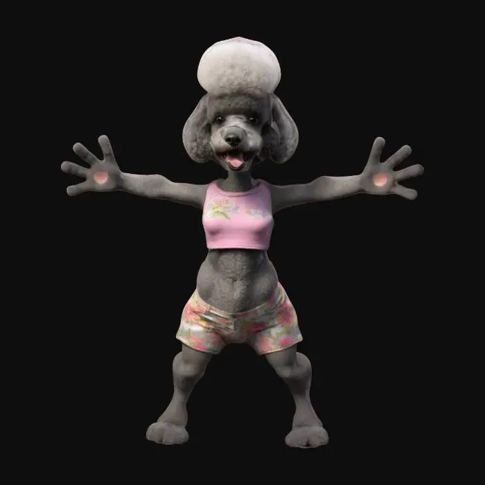 3D model for Sensual anthropomorphic female poodle, game asset, Standing in a UE5 game ready A-Pose with hands away from her body.  Her body has supple limbs and a realistic, sensual physique that has the toned muscles of a dancer. Dressed in a sleeveless, cropped t-shirt and floral shorts. She has large, expressive eyes and small floppy ears. She stands tall and confident in a game ready A-Pose. She has well-defined humanoid anatomy and she exudes both grace and agility. 

