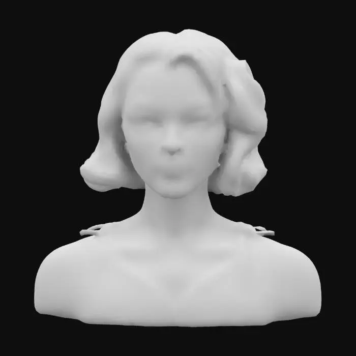 3D model for Strong woman medium length portrait. 1920's glamour. The object is a digitally painted portrait featuring a woman with a smooth texture, soft lighting, and stylized, flowing brushstrokes depicting her hair and clothing, creating a serene and elegant appearance. #women#