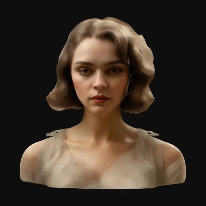 3D model for Strong woman medium length portrait. 1920's glamour. The object is a digitally painted portrait featuring a woman with a smooth texture, soft lighting, and stylized, flowing brushstrokes depicting her hair and clothing, creating a serene and elegant appearance. #women#
