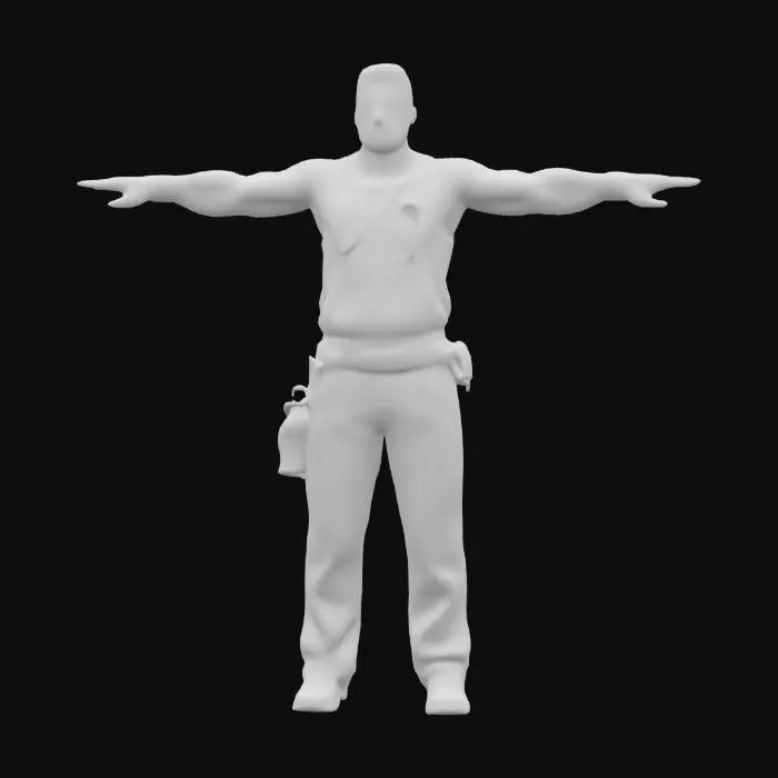 3D model for Ultra-detailed 3D model of a 40-year-old male, rugged and charismatic, with unkempt black beard and deep black eyes. Wears a slightly greasy dark-blue mechanic jumpsuit, sleeves rolled up, chest partially unzipped, revealing a stained undershirt. His expression is neutral. Clothing features visible stitching, oil stains, and fabric wrinkles. Character has muscular build, worn leather gloves, and a wrench tucked in his belt. Inspired by GTA 6 aesthetics. Game-ready, 8K PBR textures, clean UVs, high facial and fabric detail. Cinematic t-pose, optimized for animation and rendering.