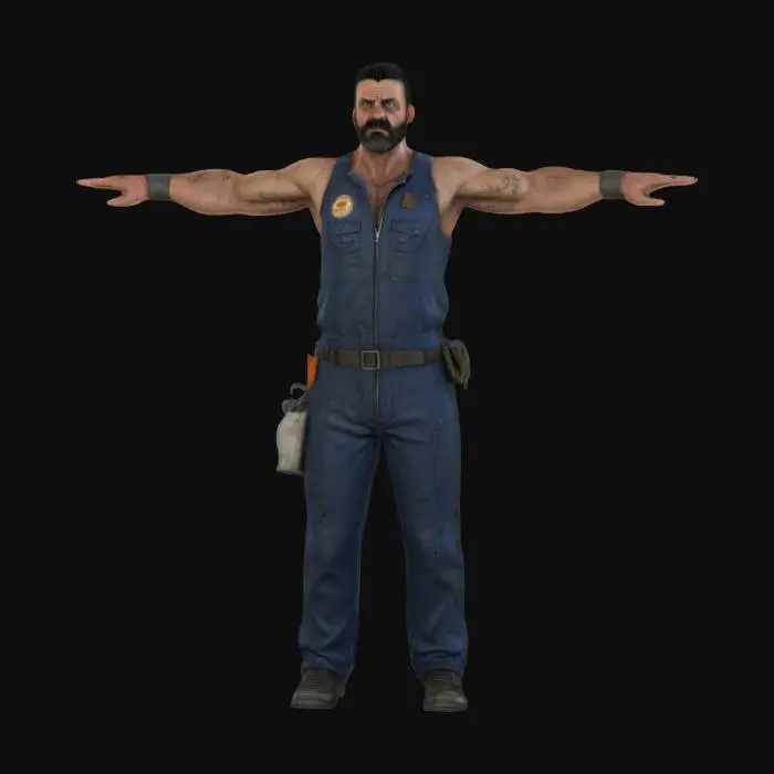 3D model for Ultra-detailed 3D model of a 40-year-old male, rugged and charismatic, with unkempt black beard and deep black eyes. Wears a slightly greasy dark-blue mechanic jumpsuit, sleeves rolled up, chest partially unzipped, revealing a stained undershirt. His expression is neutral. Clothing features visible stitching, oil stains, and fabric wrinkles. Character has muscular build, worn leather gloves, and a wrench tucked in his belt. Inspired by GTA 6 aesthetics. Game-ready, 8K PBR textures, clean UVs, high facial and fabric detail. Cinematic t-pose, optimized for animation and rendering.