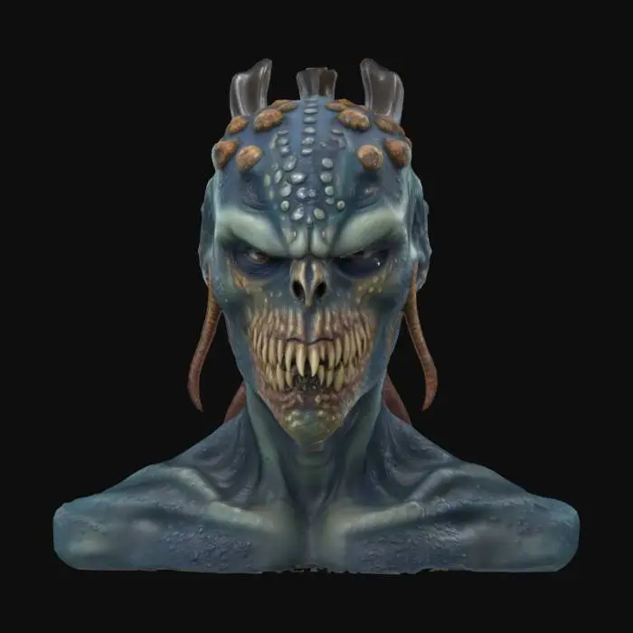 3D model for Ultra-realistic bust 3D portrait of a ocean monster humanoid pirate, decorated with barnacles. 8K PBR textures, wet and soaked, natural skin pores, and lighting optimized for cinematic close-up rendering. bluish tones. 