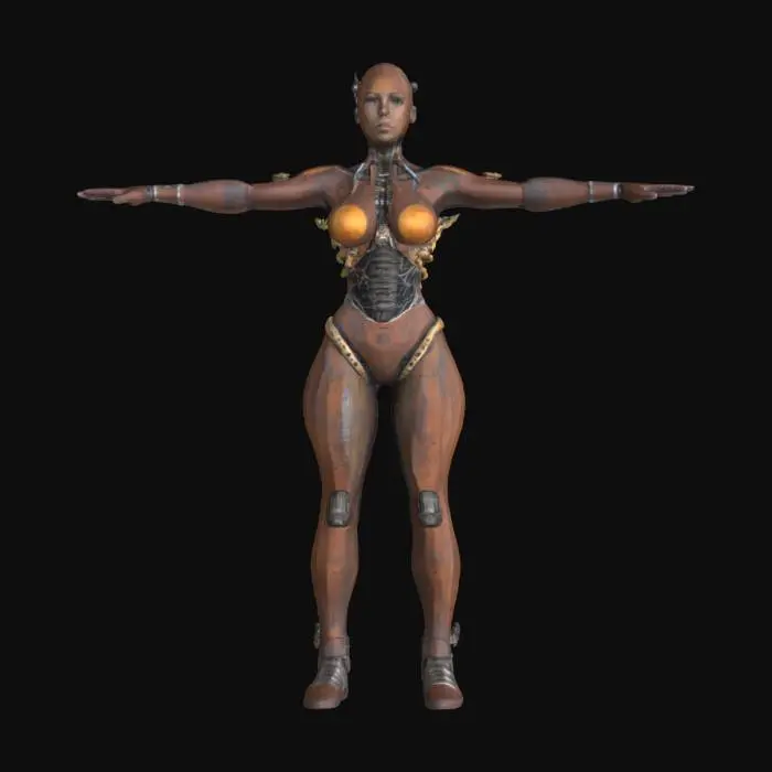 3D model for Ultra-detailed female rusty robot with exposed circuitry. Game-ready T-Pose, 8K PBR textures, clean UVs, high texture detail. Cinematic t-pose, optimized for animation and rendering.