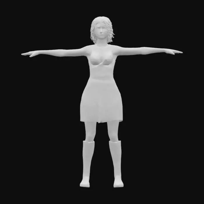 3D model for Adult female, 30 years old, in T-pose, slightly plump but natural build, s neutral and relaxed face, slightly wavy short tousled blonde hair. drag queen wearing a short glamorous dress showing deep cleavage and animal print high heeled boots. Realistic style, faithful human proportions, intended for photogrammetry. T-pose perfect for rigging and animation. Suitable for use in an educational virtual reality video game. No superfluous accessories.