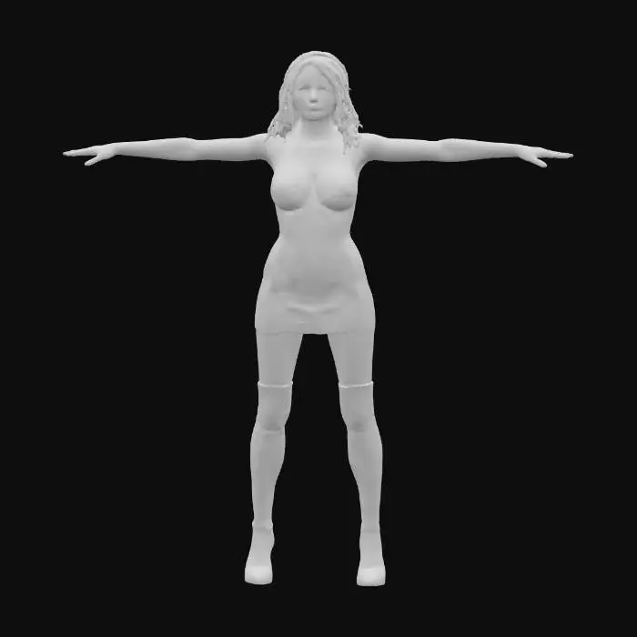 3D model for A realistic 3D model of an adult female in a T-pose, featuring a natural, slightly plump build and faithful human proportions. Her face maintains a neutral, relaxed expression, complemented by slightly wavy, ultra-short, tousled blonde hair. She is dressed in a short, glamorous dress revealing deep cleavage and red leather high-heeled boots. The model is devoid of superfluous accessories, focusing on accurate physical attributes with realistic textures and forms. game ready symmetrical T-Pose