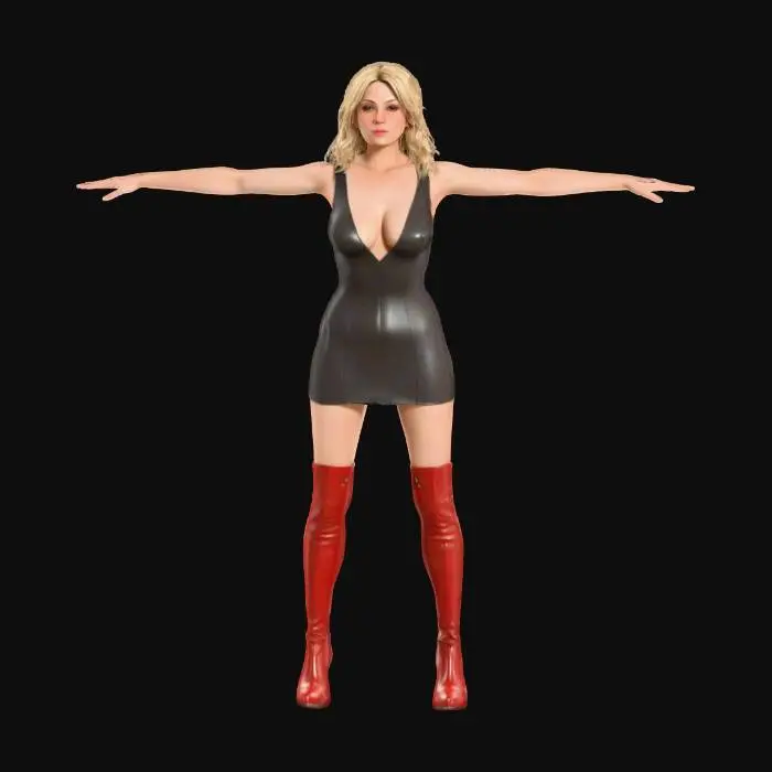 3D model for A realistic 3D model of an adult female in a T-pose, featuring a natural, slightly plump build and faithful human proportions. Her face maintains a neutral, relaxed expression, complemented by slightly wavy, ultra-short, tousled blonde hair. She is dressed in a short, glamorous dress revealing deep cleavage and red leather high-heeled boots. The model is devoid of superfluous accessories, focusing on accurate physical attributes with realistic textures and forms. game ready symmetrical T-Pose