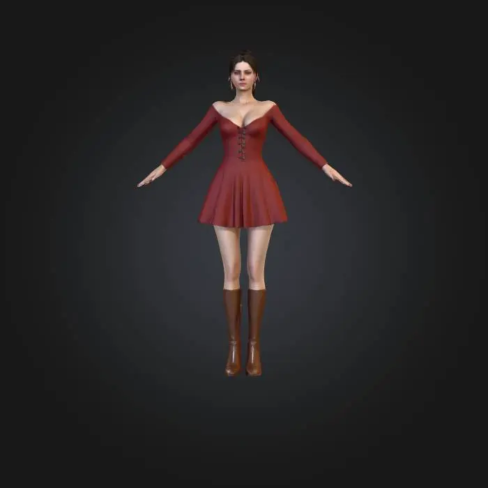 3D model for A realistic 3D model of a beautiful victorian adult female in a T-pose, featuring natural and faithful human proportions. Her face maintains a neutral, relaxed expression, complemented by slightly wavy, ultra-short, tousled hair. She is dressed in a short, glamorous dress revealing deep cleavage and boots. The model is devoid of superfluous accessories, focusing on accurate physical attributes with realistic textures and forms. game ready symmetrical T-Pose