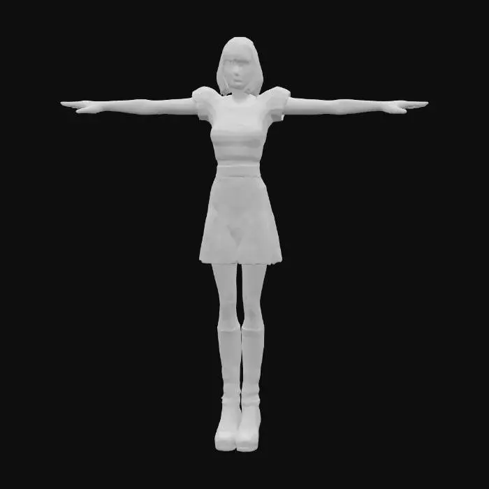 3D model for A realistic 3D model of a beautiful  adult 1960's mod female in a T-pose, featuring natural and faithful human proportions. Her face maintains a neutral, relaxed expression, complemented by slightly wavy, ultra-short, tousled hair. She is dressed in a short, glamorous dress revealing deep cleavage and boots. The model is devoid of superfluous accessories, focusing on accurate physical attributes with realistic textures and forms. game ready symmetrical T-Pose, straight legs, open arms, perfect hands and separated fingers, feet apart