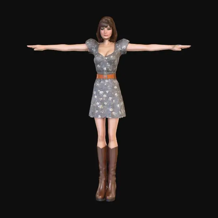 3D model for A realistic 3D model of a beautiful  adult 1960's mod female in a T-pose, featuring natural and faithful human proportions. Her face maintains a neutral, relaxed expression, complemented by slightly wavy, ultra-short, tousled hair. She is dressed in a short, glamorous dress revealing deep cleavage and boots. The model is devoid of superfluous accessories, focusing on accurate physical attributes with realistic textures and forms. game ready symmetrical T-Pose, straight legs, open arms, perfect hands and separated fingers, feet apart