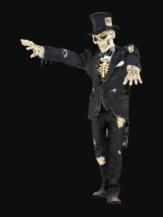 3D model for A post realistic zombie wearing heavly battered black tuxedo with flat hat with 4 A card from poker at side of hat , in T pose in front of flat white background