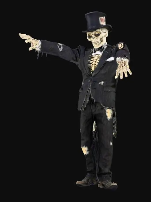 3D model for A post realistic zombie wearing heavly battered black tuxedo with flat hat with 4 A card from poker at side of hat , in T pose in front of flat white background