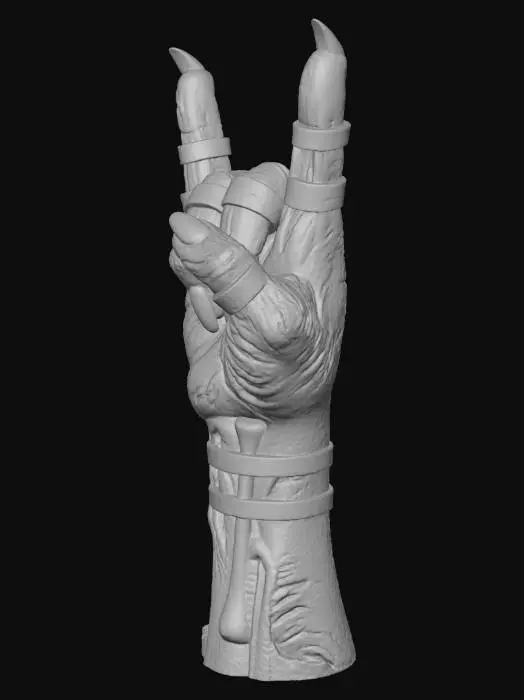 3D model for ultra realistic ugly deformed zombie hand with pinky is only bones makes metal music sign with flat black rings at fingers