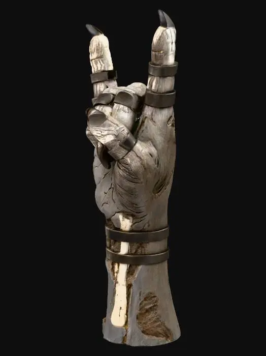 3D model for ultra realistic ugly deformed zombie hand with pinky is only bones makes metal music sign with flat black rings at fingers