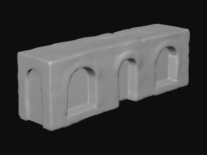 3D model for Eine längliche, robuste Kellerwand aus grob behauenem Naturstein, die im mittelalterlichen Stil gemauert ist. Ihre Oberfläche ist rau und uneben, mit tiefen, unregelmäßigen Fugen. Die Steine variieren in dunklen Grautönen und erdigem Braun, durchzogen von feuchten Schatten und leichten Moosanhaftungen, was ihr eine kalte, feuchte und verwitterte Ausstrahlung verleiht.