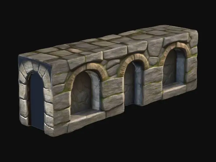3D model for Eine längliche, robuste Kellerwand aus grob behauenem Naturstein, die im mittelalterlichen Stil gemauert ist. Ihre Oberfläche ist rau und uneben, mit tiefen, unregelmäßigen Fugen. Die Steine variieren in dunklen Grautönen und erdigem Braun, durchzogen von feuchten Schatten und leichten Moosanhaftungen, was ihr eine kalte, feuchte und verwitterte Ausstrahlung verleiht.