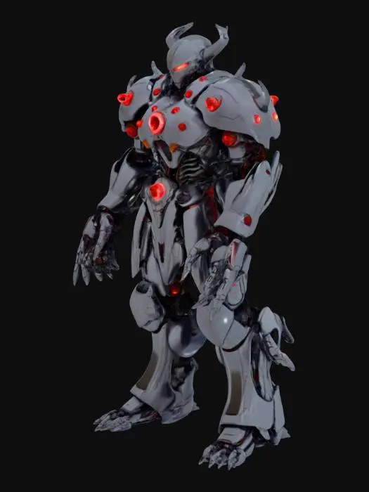 3D model for A towering villain, its central torso encased in heavy, dark chrome armor with glowing crimson optical sensors. From its back and shoulders sprout a dozen articulated robotic appendages, each ending in a distinct, compact energy weapon. The metallic surfaces are scuffed and scarred, hinting at past battles, while the joints hum with barely contained power, giving it a menacing, perpetually ready stance.