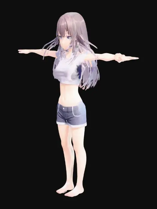 3D model for anime girl midriff, shorts, t pose