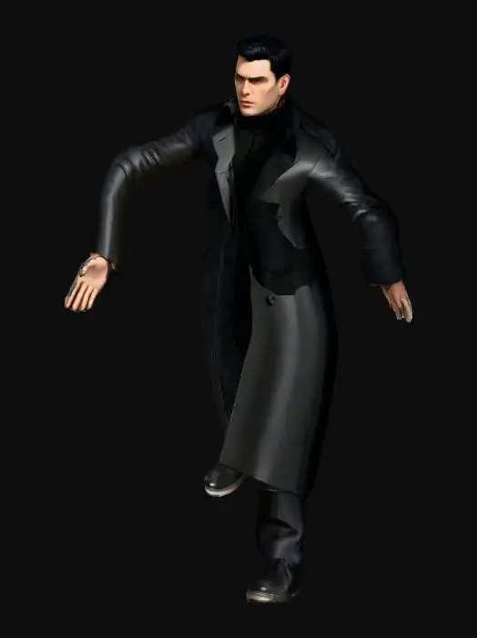 3D model for A realistic, normal man with short, black hair wearing a black trench coat over a suit. His features include: Running Shoes with no branding. The back of his trench coat is not split. the trench coat is black and so is his hair, short and black, the trench coat is made out of medium-thick leather. His skin is partially white while still being more light-brown. His hair is short and black. The trench coat is also black. The outfit should be matching. His shoes should also be brown or black