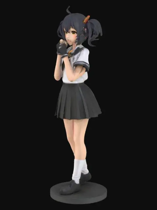 3D model for create a nice cosplay genshin character - she must be a girl and do a cute pose and has a nice school uniform - white and black outfit. she must be easy printable with limited support with a creality 1KC in PLA. can you make the infill full so the body is strong when printing also give it a strong filled round ground underneath the figure so it will be stable on a chess board.
