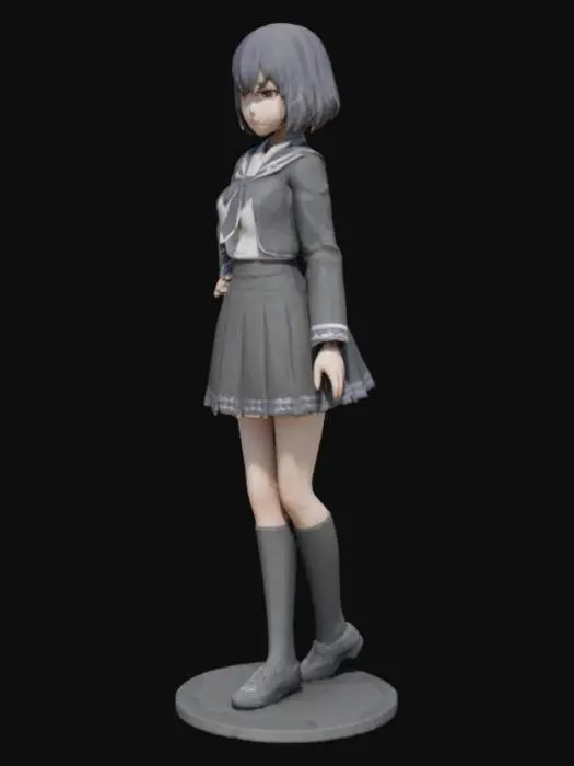 3D model for create a nice cosplay genshin character - she must be a girl and do a cute pose and has a nice school uniform - white and black outfit. she must be easy printable with limited support with a creality 1KC in PLA. can you make the infill full so the body is strong when printing also give it a strong filled round ground underneath the figure so it will be stable on a chess board.
