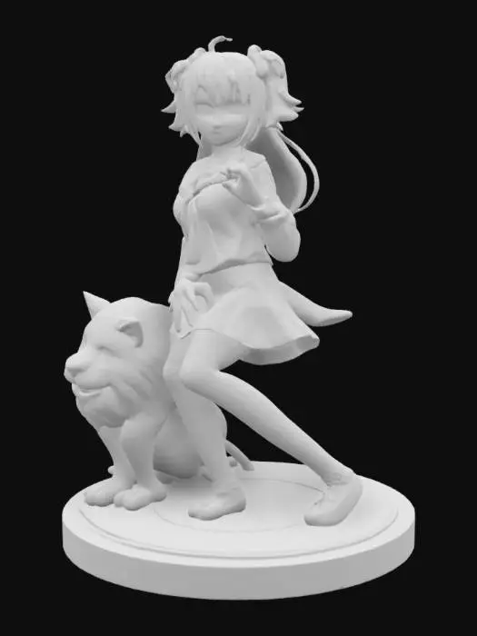 3D model for create a nice cosplay genshin character with a lion- she must be a girl with easy to print hair and do a cute pose and has a school uniform - the lion sits next to her. must be easy printable with limited support with a creality 1KC in PLA. can you make the infill full so the body is strong when printing also give it a strong filled round ground underneath the figure so it will be stable on a chess board.
