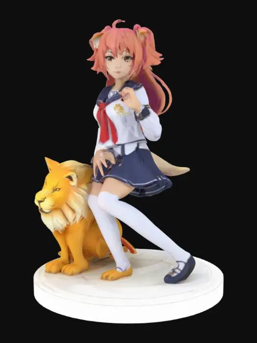 3D model for create a nice cosplay genshin character with a lion- she must be a girl with easy to print hair and do a cute pose and has a school uniform - the lion sits next to her. must be easy printable with limited support with a creality 1KC in PLA. can you make the infill full so the body is strong when printing also give it a strong filled round ground underneath the figure so it will be stable on a chess board.
