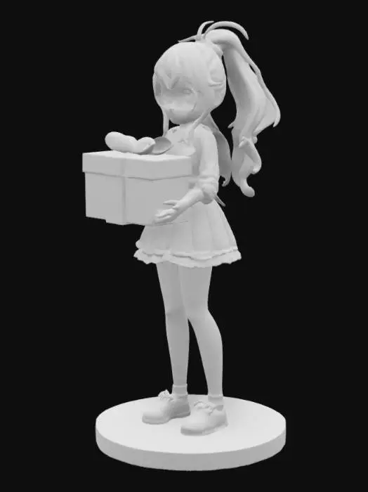 3D model for create a genshin girl with a pony tail she is holding with her 2 hands a big red gift box she must be easy printable with limited support with a creality 1KC in PLA. can you make the infill full so the body is strong when printing also give it a strong filled round ground underneath the figure so it will be stable on a chess board.
