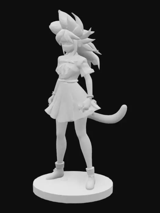 3D model for create a new supersaiyin character 
it is a woman and is super saiying level 4 - blue eyes - red lips - big  tale and is wearing a school uniform 
 he must be easy printable with limited support with a creality 1KC in PLA. can you make the infill full so the body is strong when printing also give it a strong filled round ground underneath the figure so it will be stable on a chess board.
