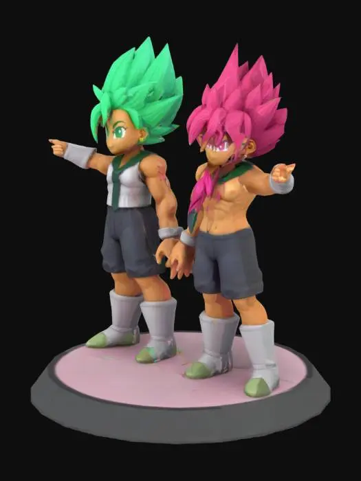 3D model for create 2 new supersaiyan characters, the first is a woman with light green hair and dark green eyes - she is wearing a school uniform and is super saiyan level 3. the second woman has red/pink hair and is super saiyan level 2 she is wearing a gym outfit.  both are in a combat pose.

must be easy printable with limited support with a creality 1KC in PLA. can you make the infill full so the body is strong when printing also give it a strong filled round ground underneath the figure so it will be stable standing on a desk.
