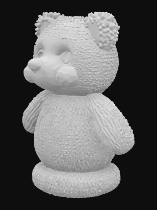 3D model for create a knitted model of a fluffy bear with big eyes and a happy smile

he must be easy printable with limited support with a creality 1KC in PLA. can you make the infill full so the body is strong when printing also give it a strong filled round ground underneath the figure so it will be stable on table.

