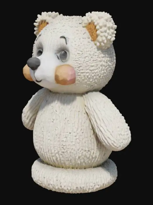 3D model for create a knitted model of a fluffy bear with big eyes and a happy smile

he must be easy printable with limited support with a creality 1KC in PLA. can you make the infill full so the body is strong when printing also give it a strong filled round ground underneath the figure so it will be stable on table.
