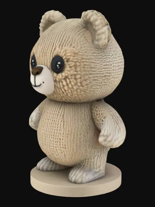 3D model for create a knitted model of a fluffy bear with big eyes and a happy smile

he must be easy printable with limited support with a creality 1KC in PLA. can you make the infill full so the body is strong when printing also give it a strong filled round ground underneath the figure so it will be stable on table.
