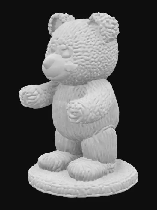 3D model for create a knitted model of a fluffy bear with big eyes and a happy smile

he must be easy printable with limited support with a creality 1KC in PLA. can you make the infill full so the body is strong when printing also give it a strong filled round ground underneath the figure so it will be stable on table.
