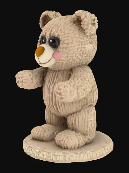 3D model for create a knitted model of a fluffy bear with big eyes and a happy smile

he must be easy printable with limited support with a creality 1KC in PLA. can you make the infill full so the body is strong when printing also give it a strong filled round ground underneath the figure so it will be stable on table.

