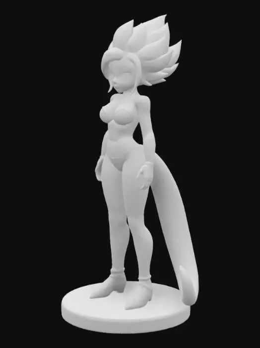 3D model for create a new supersaiyin character it is a woman and is super saiying level 4 - light green eyes big tale and is wearing a  bikini suit she must be easy printable with limited support with a creality 1KC in PLA. can you make the infill full so the body is strong when printing also give it a strong filled round ground underneath the figure so it will be stable on a chess board.
